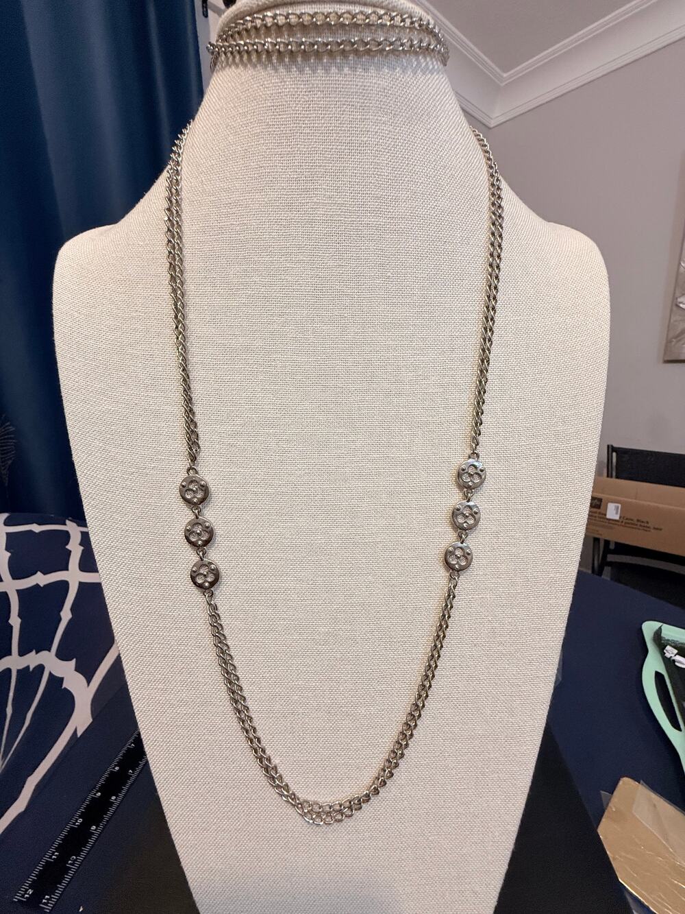 Runway Silver Tone Double Strand Rhinestone Station Necklace 23”